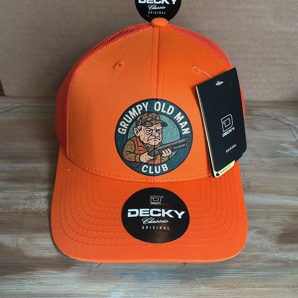 Trucker Hat - Orange Hunting Hat - Grumpy Old Man Club w/shotgun custom graphic